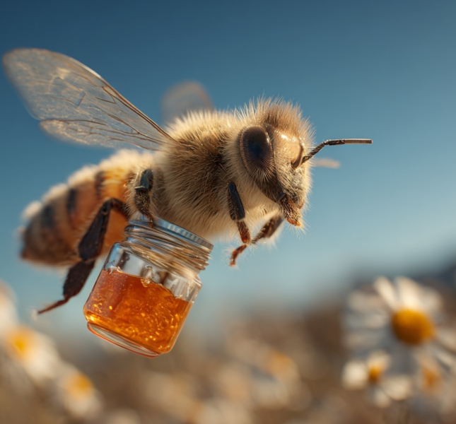 A honey bee flying among the flowers holding a tiny jar of honey.