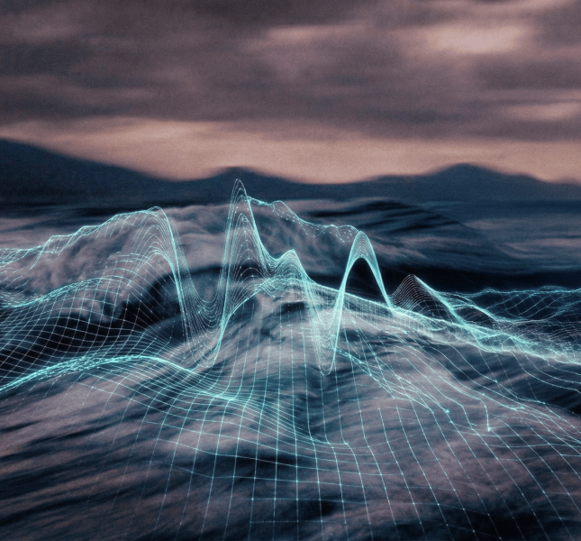 A luminous teal wireframe grid is overlaid on a dark, choppy sea, precisely mapping the peaks and troughs of the turbulent waves. The background features distant, hazy mountains under a heavy, overcast sky tinged with dusky pink and purple light.