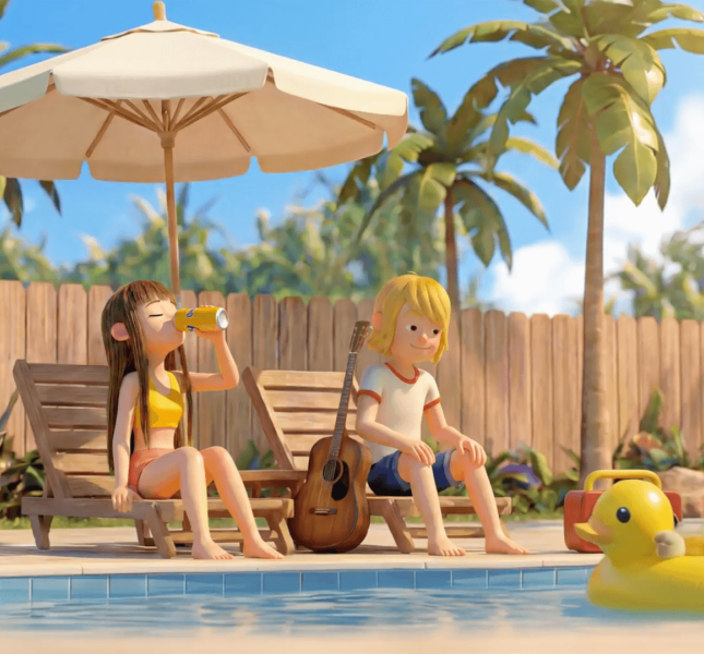 A sunny 3D animated pool scene featuring a brunette girl drinking a can of Chocomel on a lounge chair, a blonde boy sitting beside her with a guitar, and a corgi in sunglasses floating in a duck inner tube nearby.