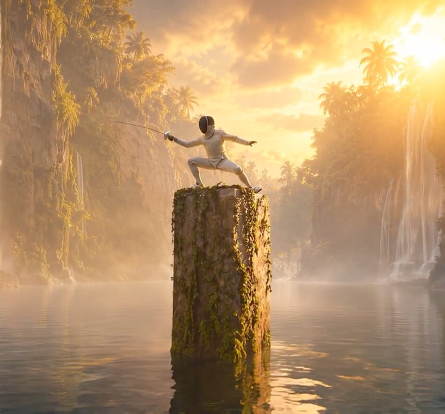 AI generated image of a fencer atop a pillar in the middle of a lake in a jungle