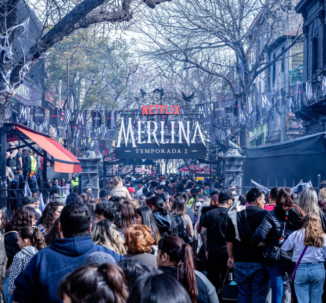 Caminito in Argentina, with streets full of people during the Darkminito experience for the launch of Netflix's Wednesday Season 2.