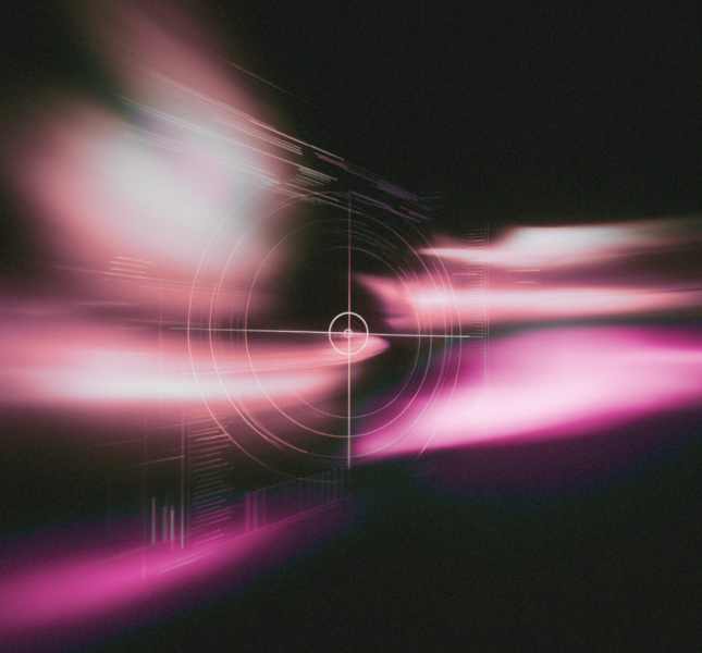 Abstract futuristic graphic with pink and white light trails radiating from a central target
