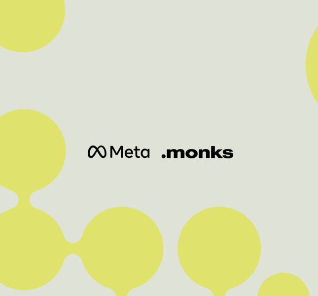 Meta and Monks partnership logo displayed over abstract interconnected green circular nodes, representing compound assurance and marketing data loops.