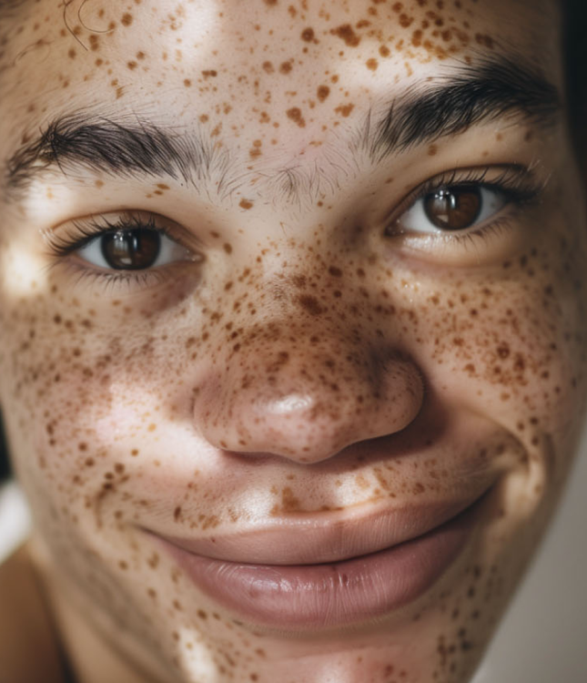 A woman smiling with freckles