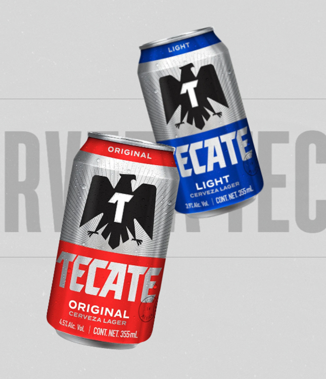 Tecate beer cans in red and blue