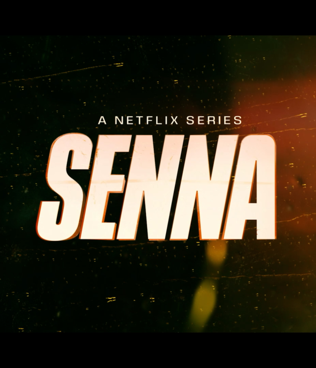 The image features the title "SENNA," presented as a Netflix series, with speed metrics and a racetrack outline, suggesting a focus on high-speed racing.
