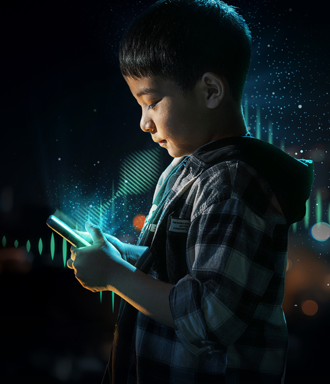 The image shows a young person in profile, illuminated by the glow of a smartphone screen, with digital waveforms and particle effects surrounding them in a dark, futuristic setting.
