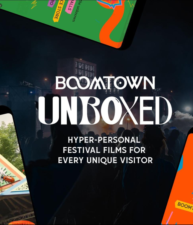 A hero image for the Boomtown Unboxed case study, visually showcasing the AI-powered platform that delivered hyper-personalized festival recap films to every unique visitor.