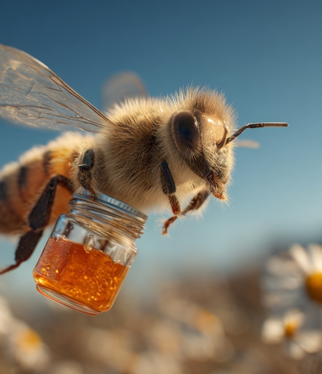 A honey bee flying among the flowers holding a tiny jar of honey.