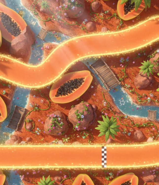A race track created by Oscar Piastri F1 driver with a papaya theme using Google Gemini