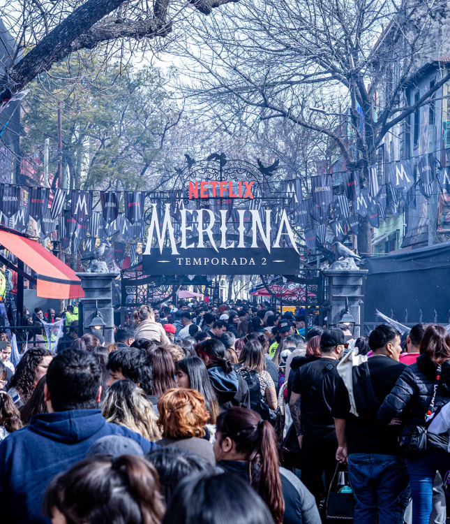 Caminito in Argentina, with streets full of people during the Darkminito experience for the launch of Netflix's Wednesday Season 2.
