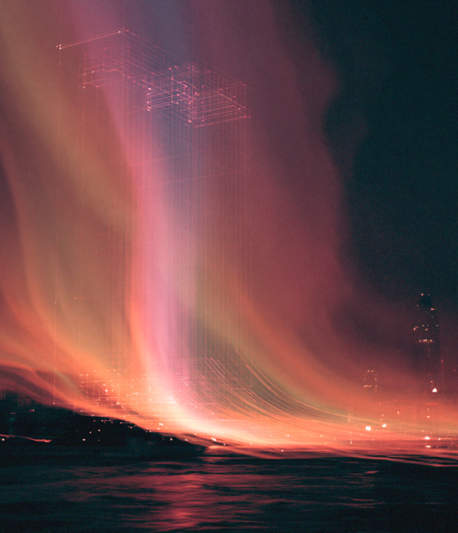 Abstract data visualization showing a colorful stream of programmatic media data flowing into a city skyline at night, representing digital marketing maturity and business transformation.