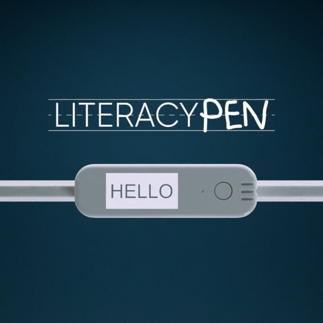 A pencil with a tech device on it called the literacy pen