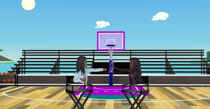 Wide angle view of Myla and Renee high-fiving on the basketball court