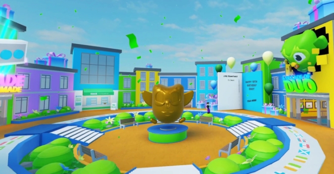 A statue of duo in a colorful roblox world