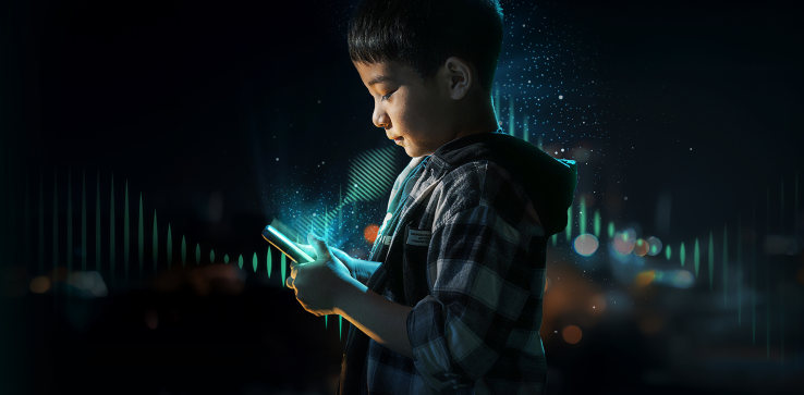 The image shows a young person in profile, illuminated by the glow of a smartphone screen, with digital waveforms and particle effects surrounding them in a dark, futuristic setting.