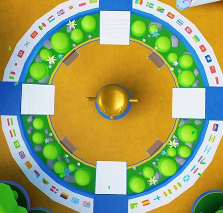 A birds eye view above the center of duolingo world in roblox