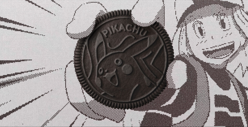 Image, drawn from arranged Oreo cookies to look like pixels, of an anime character holding an Oreo cookie
