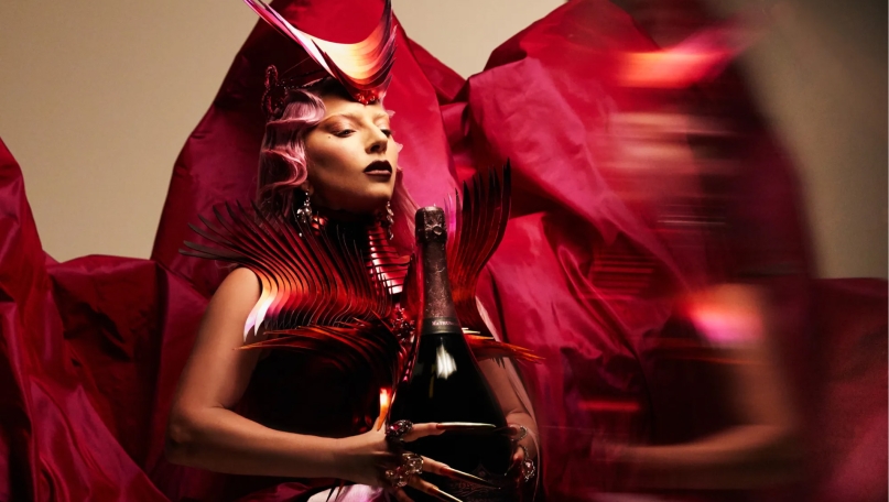 Lady Gaga holding a giant champagne bottle in a large red dress