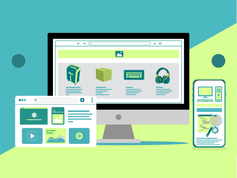 Illustrative desktop with ecommerce ads