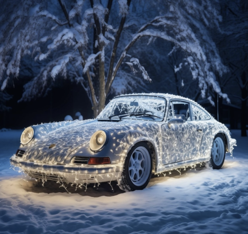 A porche covered in lights surrounded by snow