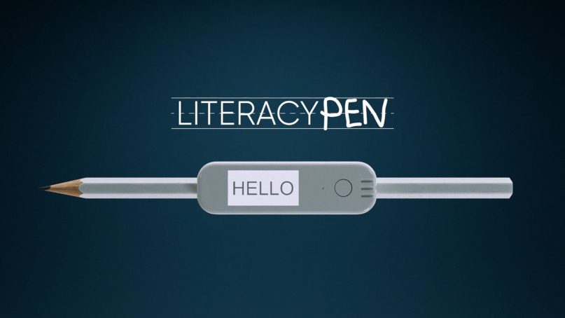 A pencil with a tech device on it called the literacy pen