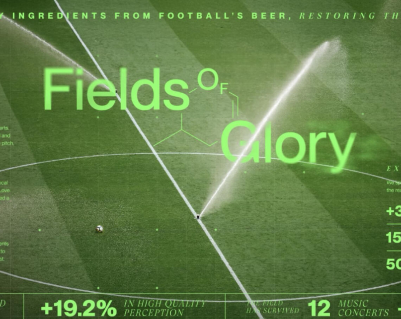 A soccer field with the sprinkler system going.