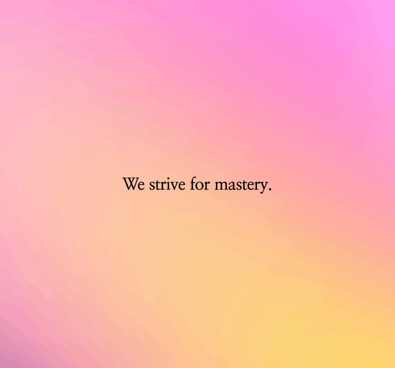 We strive for mastery." company value text on a pink and orange gradient background.