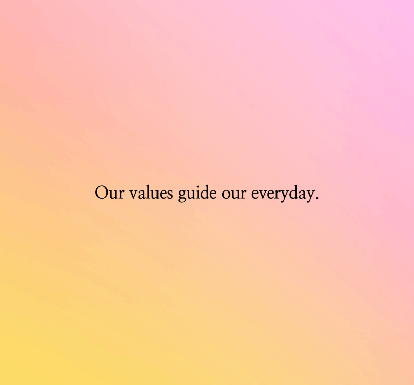 Our values guide our everyday." company value text on a warm gradient background