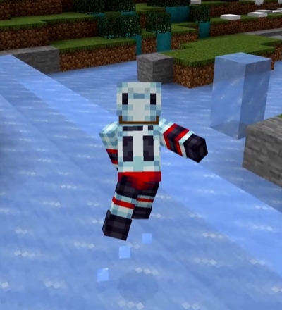An avatar in minecraft skating on ice dressed up in hockey gear