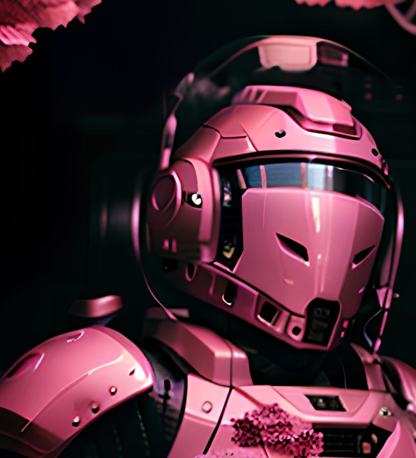 A pink space person covered in flowers