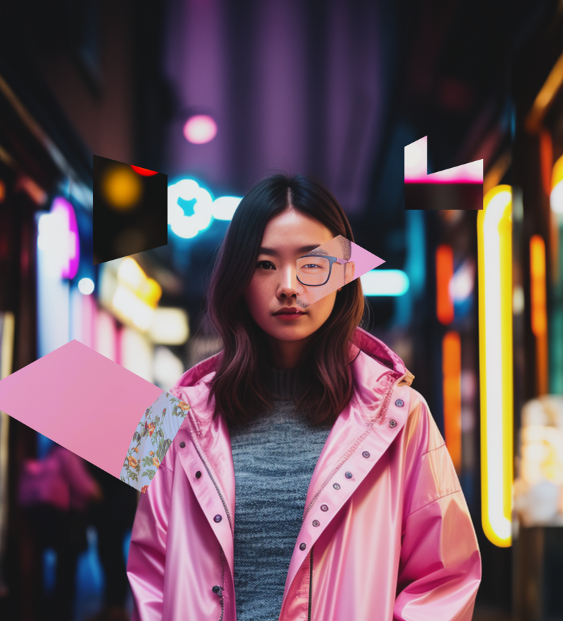AI-generated woman in pink jacket standing in a cityscape at night