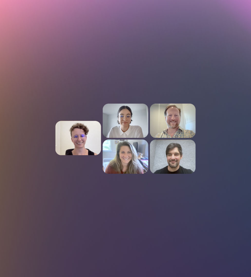 five people on a webinar with a colorful gradient background