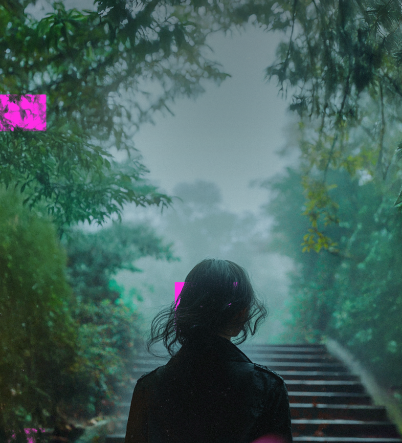 woman walking up stairs to a clearing in a forest