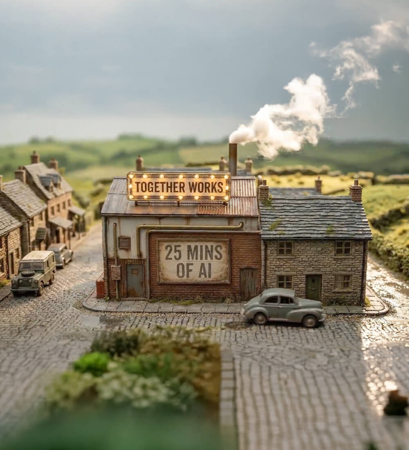 an AI-generated miniature model of a cobblestone town