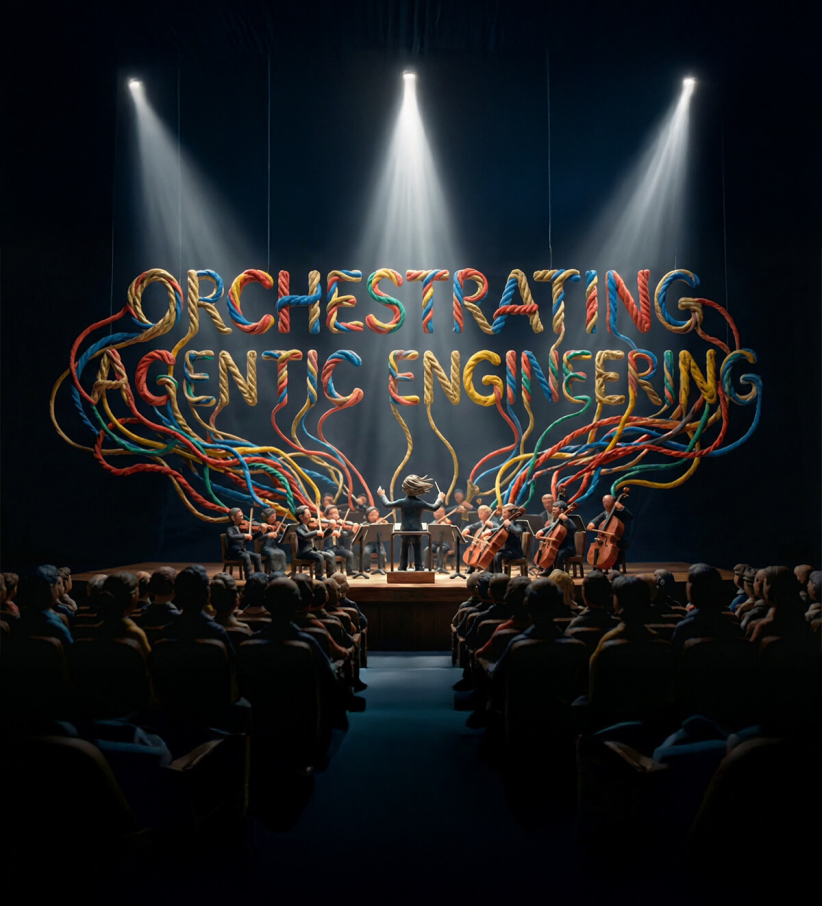 AI-generated image of a claymation theater with an orchestra and strings floating above spelling out the words "Orchestrating Agentic Engineering"