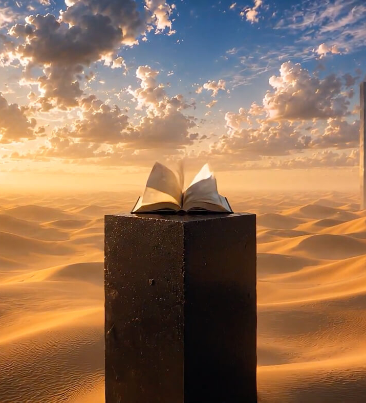 A book on a pillar in the middle of a desert