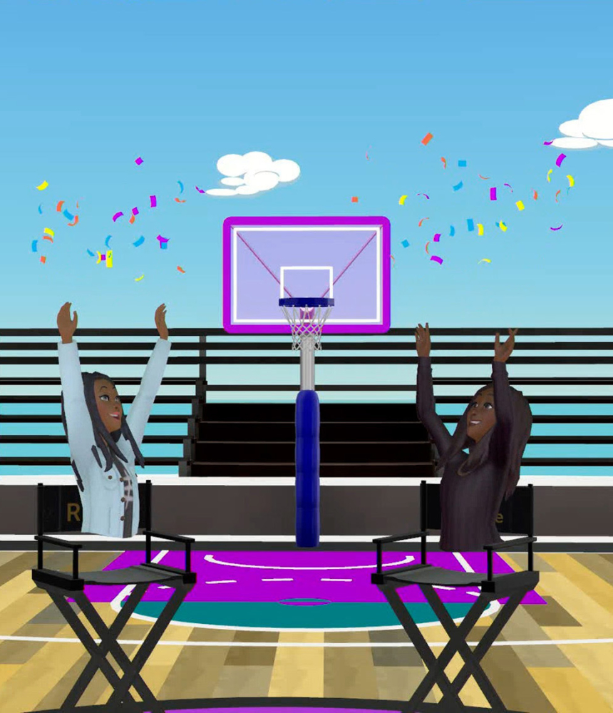 Myla Unique Minor and Renee Montgomery in the metaverse celebrating on a basketball court