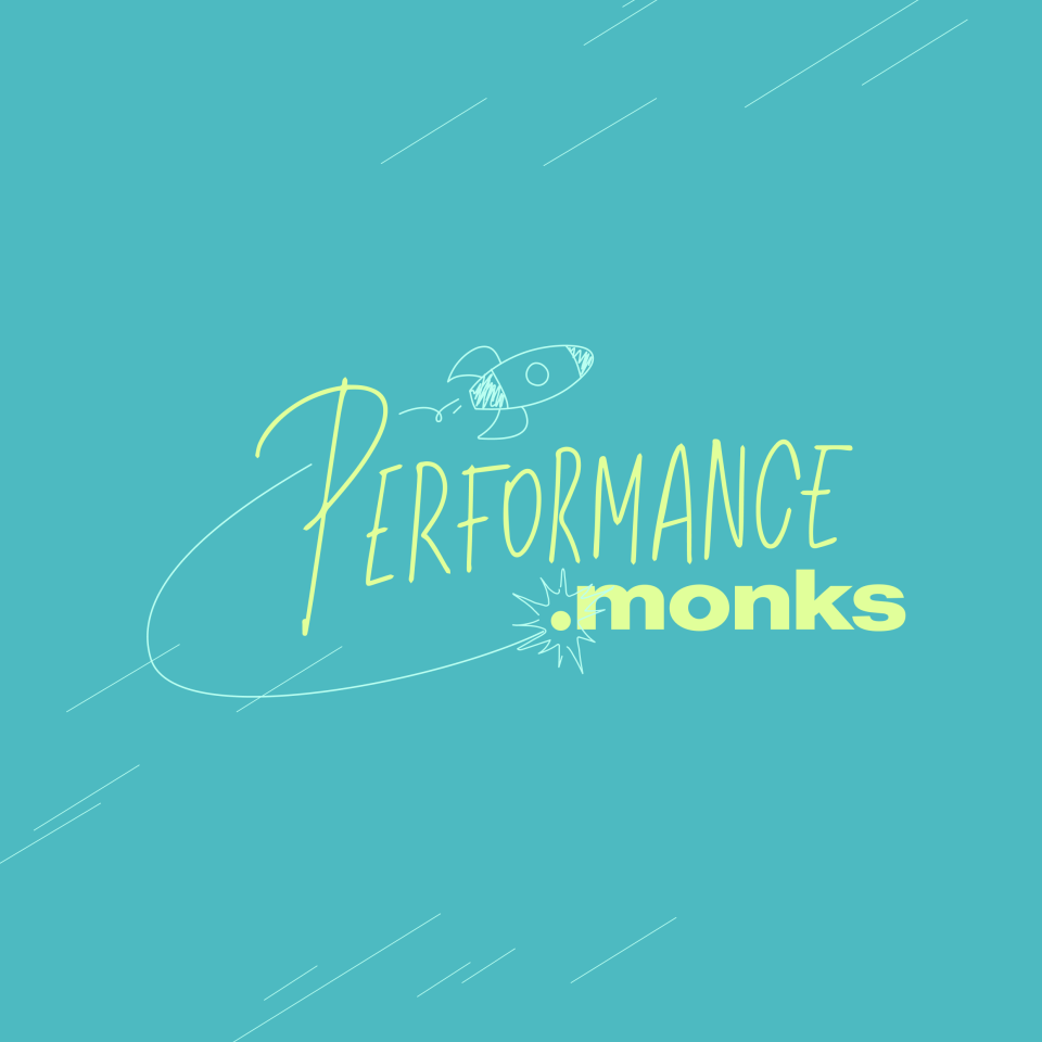 performance.monks logo with rocketship and scribbles