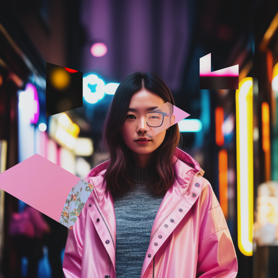 AI-generated woman in pink jacket standing in a cityscape at night