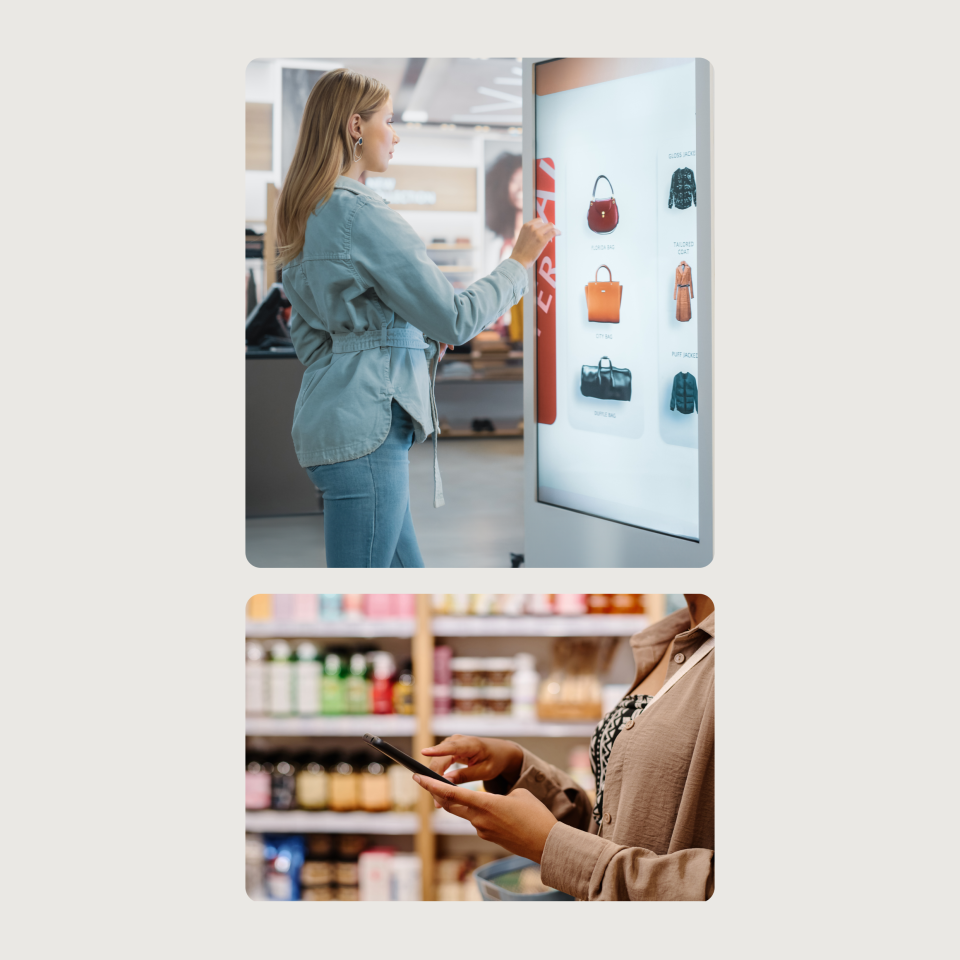 two photos of people using technology devices