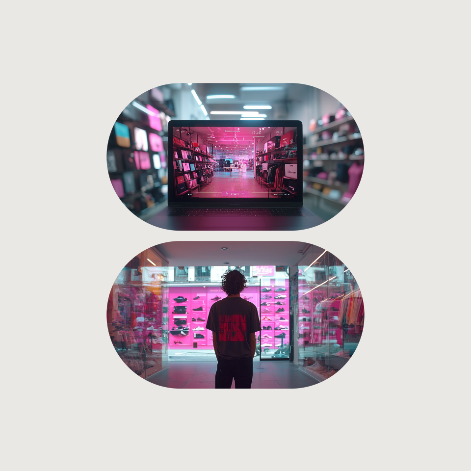 two images: One of a computer in a store and the other a silhouette of a person in a store