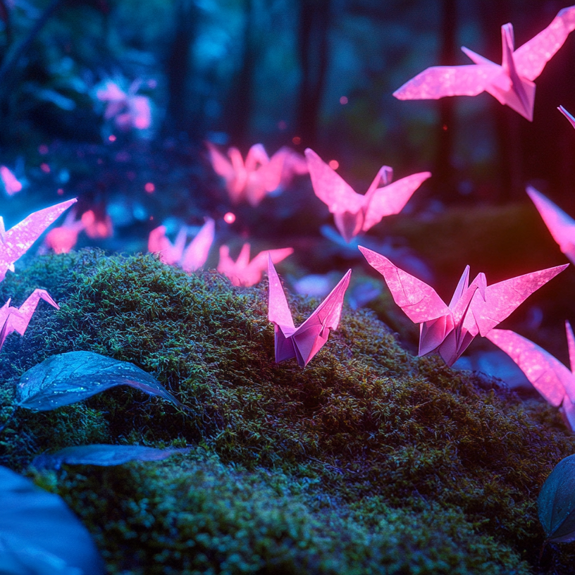 Edition 23 cover of a group of many neon origami cranes in purples and pinks