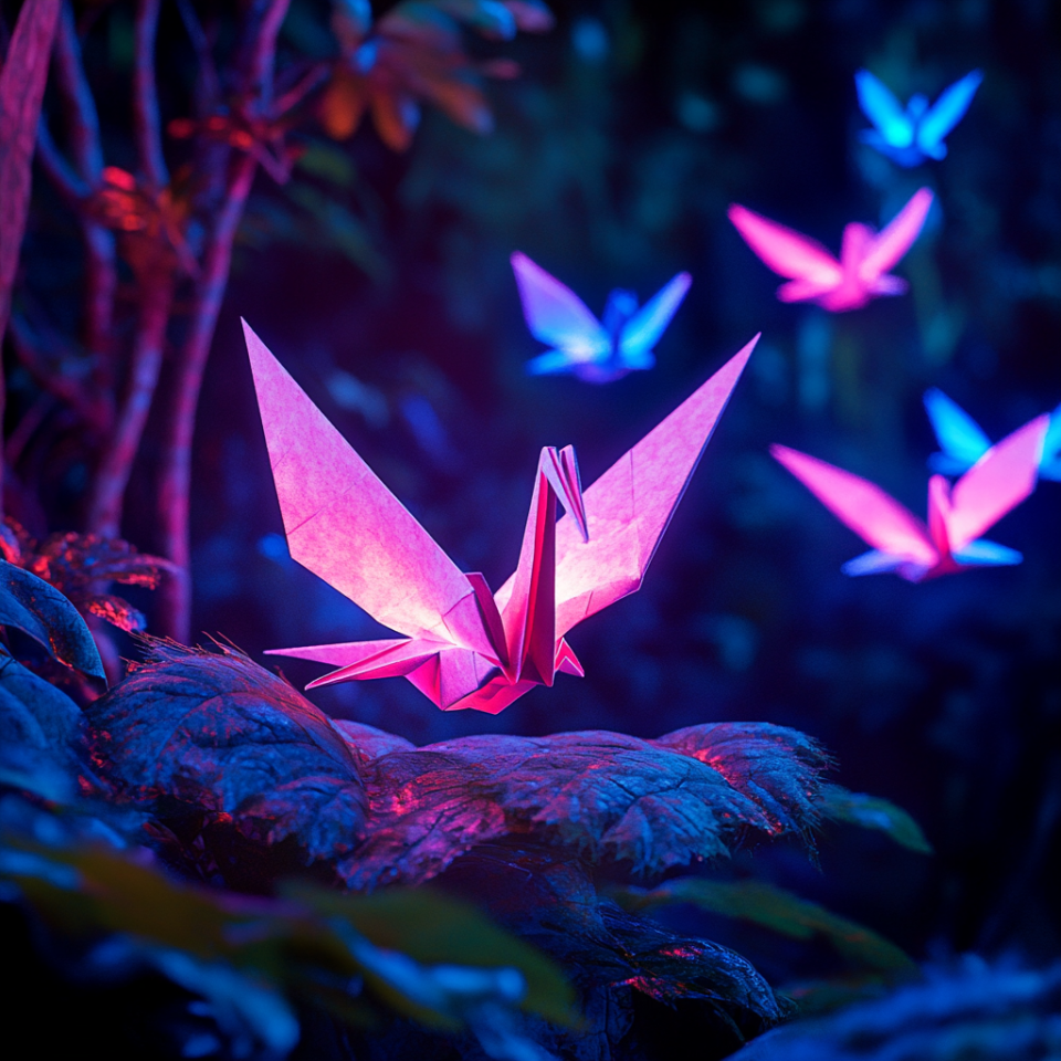 Edition 23 cover of 4 neon origami crane in purples and pinks