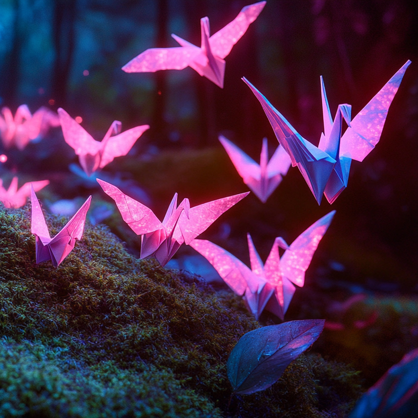 glowing paper cranes on a mossy rock in a forest at night