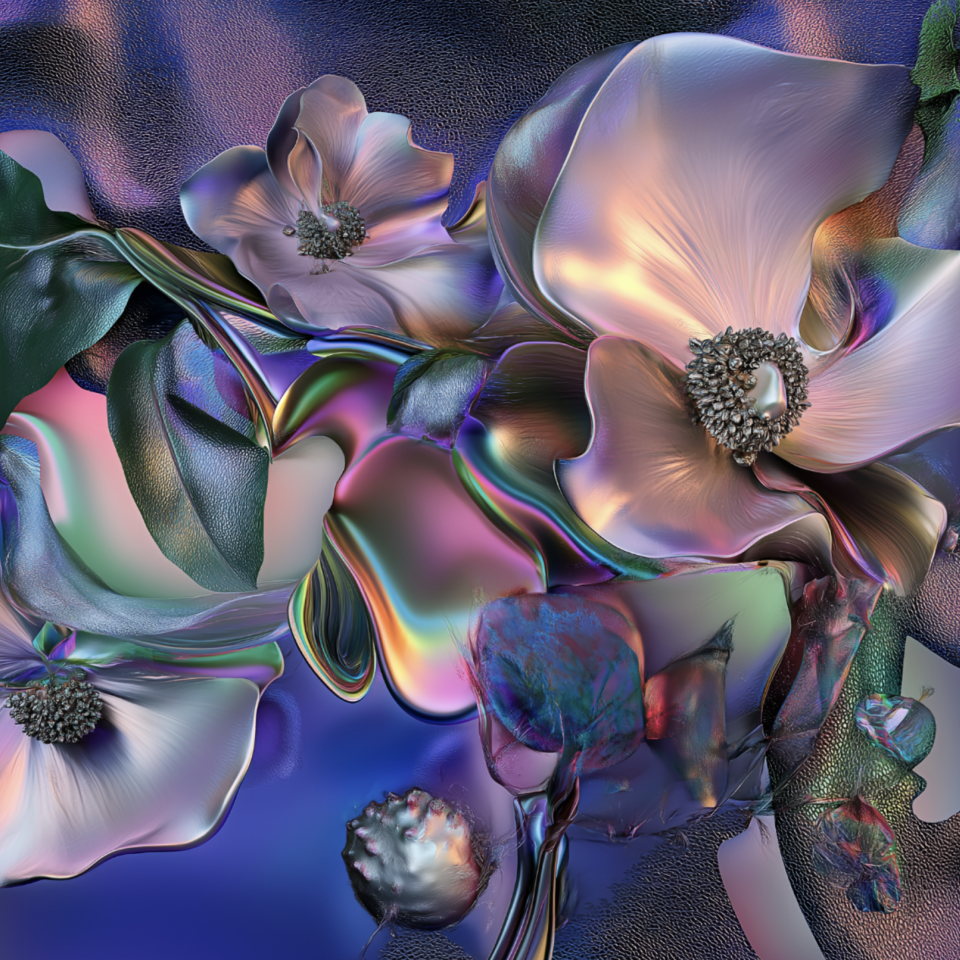 a moody image of a metalic flower on a background of cool purple, green and pink hues