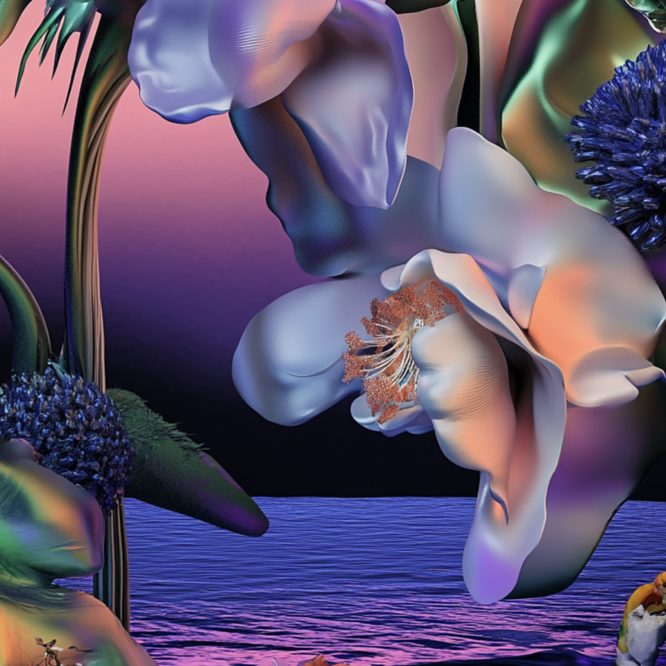 a moody image of a metalic flower and green blobs on a background of a sunset made of cool purple and pink hues