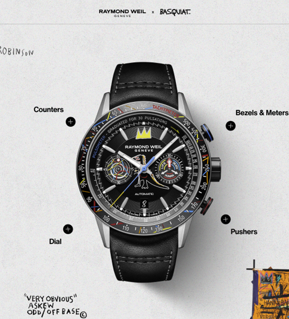 Overview image with two watches and around that little snippets of the illustrations from Brasquiat.