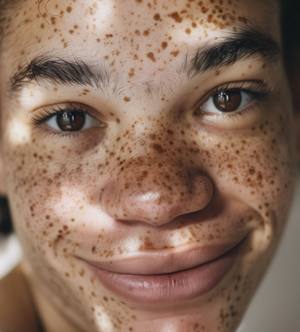 A woman smiling with freckles