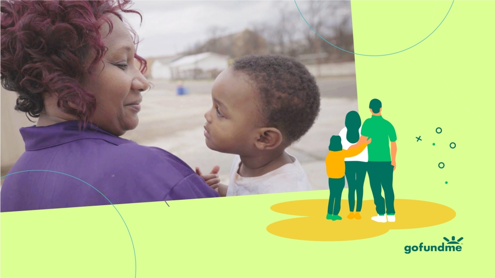 A woman and a boy stare at each other with a little gofundme graphic next to them